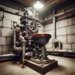 Cast iron mechanical toilet, in basement with concrete block walls, diffuse lighting.2.jpg